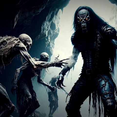 A dark fantasy cinematic masterpiece: The towering blue creature with glowing eyes stands inside a massive subterranean stone cavern, surrounded by a terrifying army of the damned and mummified ghouls reaching out from the shadows