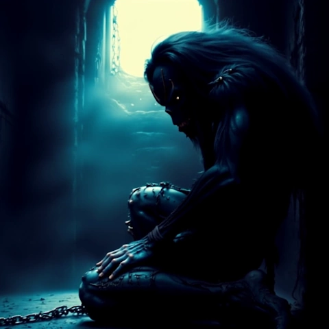 Pure dark poetry and Hollywood-level chiaroscuro: The creature crouches as a dark silhouette in a pitch-black medieval dungeon, shattered by a gleaming ice-blue light beam from a shaft above, with heavy iron chains dragging across the floor